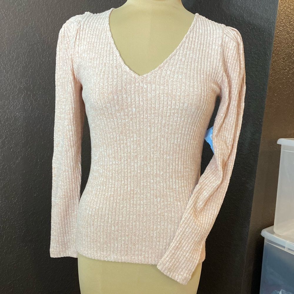 J. Crew light‎ pink Puff shoulder Sleeve Super Soft Ribbed V-Neck Sweater top